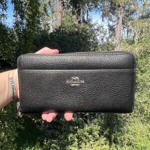 COACH Black Long Zip-Around Wallet Pebble Leather with Silver Hardware AUTHENTIC